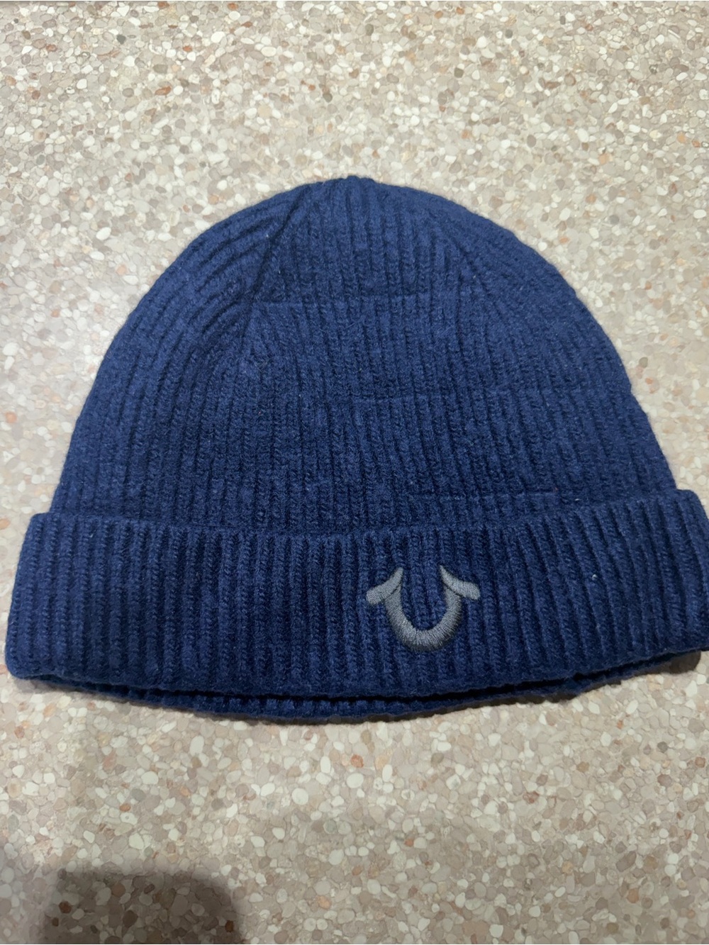True Religion Navy Ribbed Cuff Beanie with Signature Logo